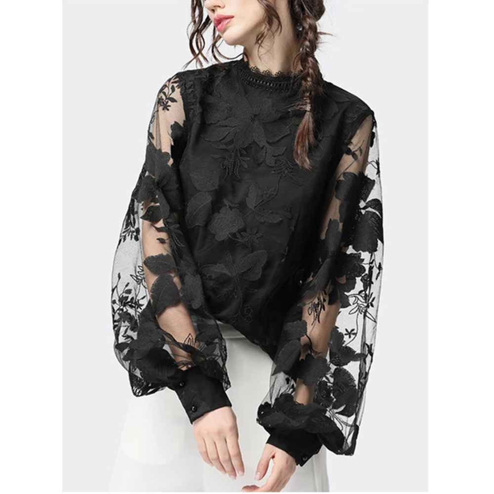 Retro Black Blouse Women Vintage Elegant Lace Tulle Puff Sleeve Transparent Round Neck Casual Shirt Top New Spring Summer Autumn