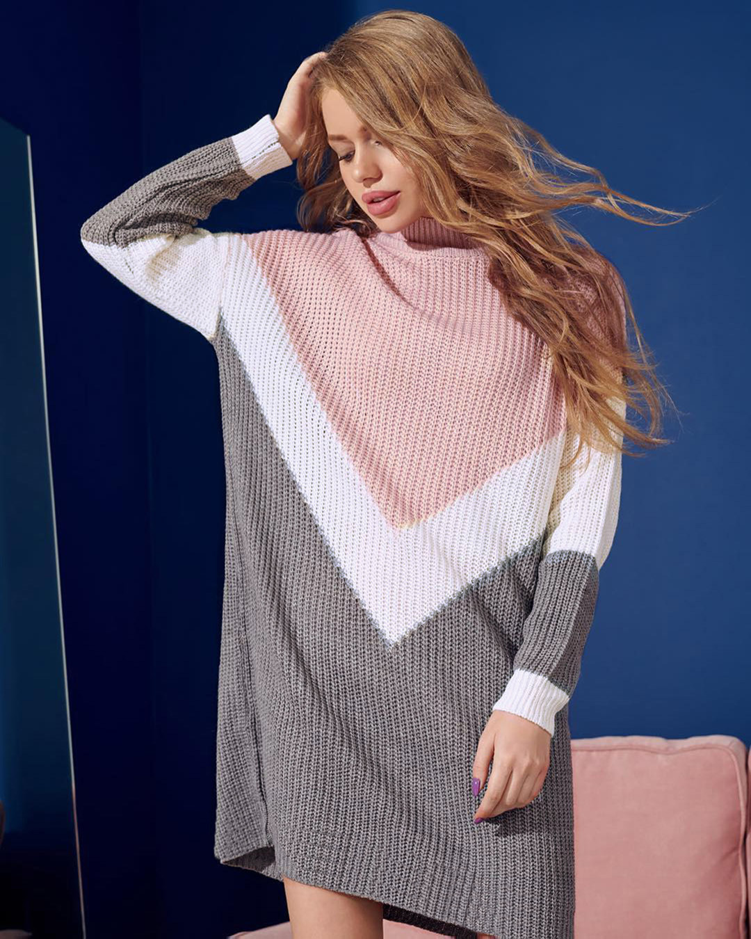 European and American fashion women's color high collar long sleeve sweater dress