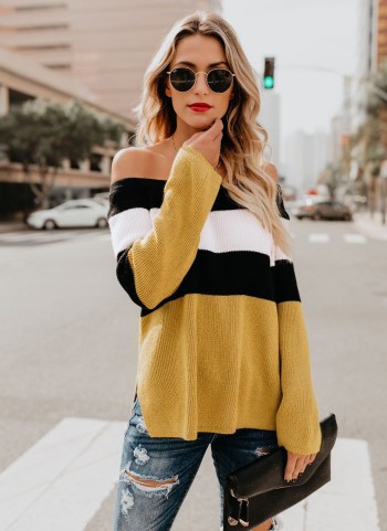 European and American women's color matching off-the-shoulder simple fashion tops