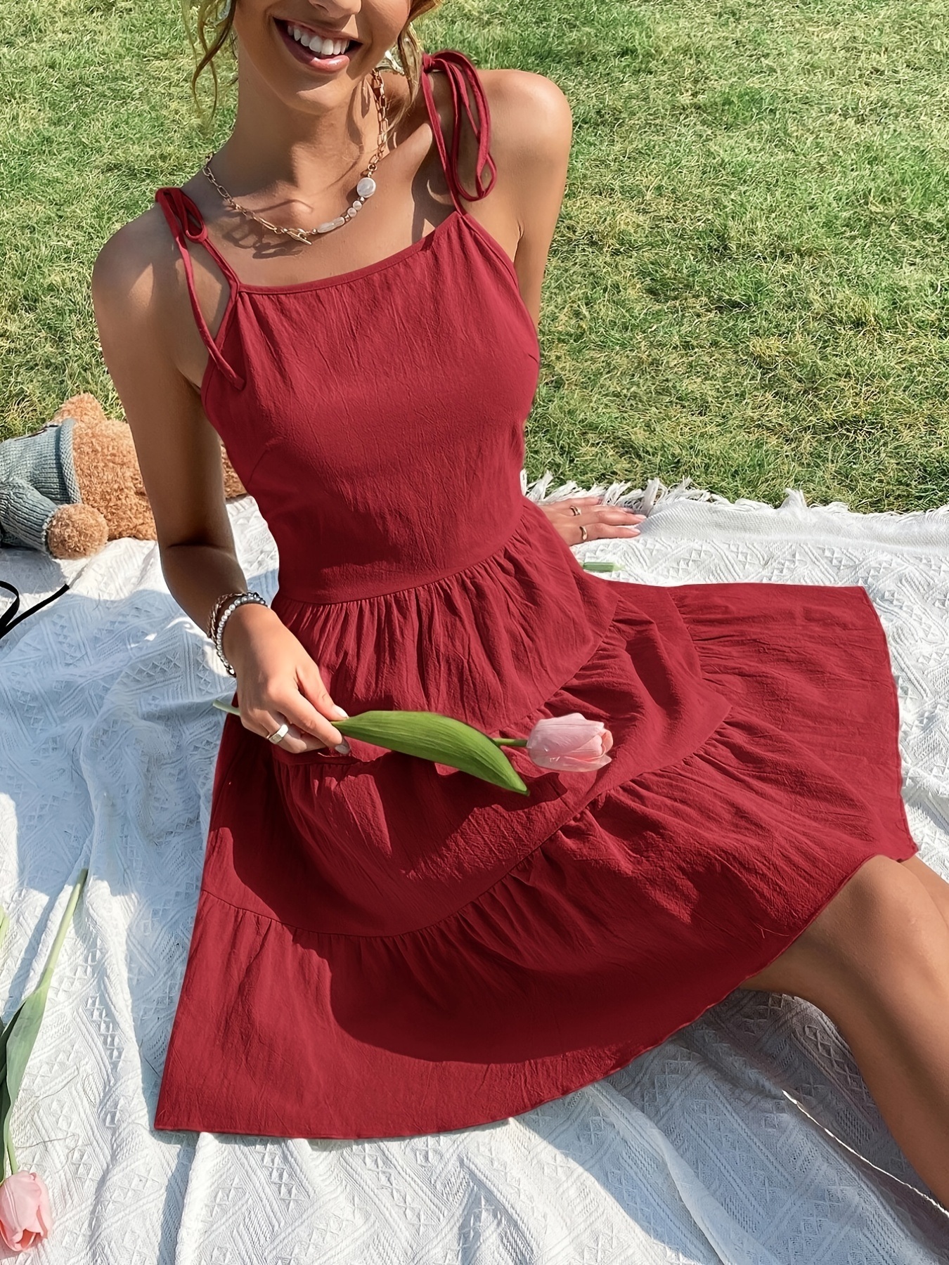 Solid Backless Pleated Cami Dresses; Spaghetti Strap Solid Vacation Dress; Women's Clothing