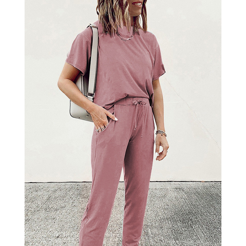 Summer New Women's Solid Color Round Neck Short Sleeve Casual Suit