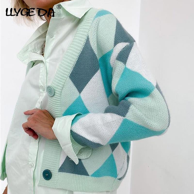 Color Block Argyle Plaid Cardigan for Women Sweaters Fashion V-Neck Long Sleeve Knitted Women's Sweater 2021 Autumn Ladies Top